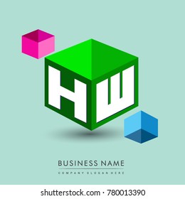 Letter HW logo in hexagon shape and green background, cube logo with letter design for company identity.
