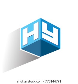 Letter HY logo in hexagon shape and blue background, cube logo with letter design for company identity.
