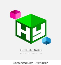 Letter HY logo in hexagon shape and green background, cube logo with letter design for company identity.
