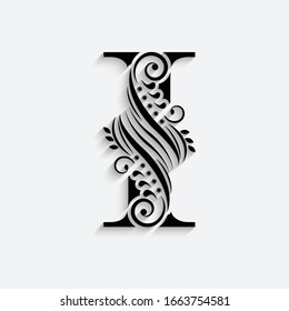 letter I. Black flower alphabet.  Beautiful capital letter with shadow