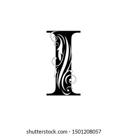 letter I. Black flower letters,  alphabet.  Beautiful capital letter. vector