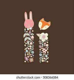 The letter I. Bright floral element of colorful alphabet Cute Animal, flowers, and twigs. floral ABC element in vector