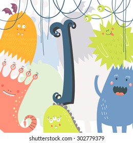The letter I. Bright illustration with cute cartoon monsters. Vector illustration.