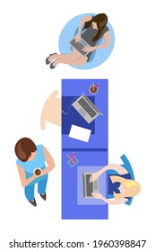 Letter I, business women working in office view from above. Vector illustration, flat design.