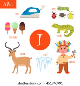 Letter I. Cartoon alphabet for children. Iguana, ice-cream, iron, indian, insect, icicle, impala. Vector illustration