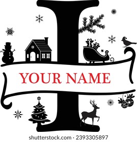 Letter I, I Christmas Monogram, Christmas Alphabet, Christmas Split Alphabet, Separate Letter Santa Hat, Christmas Family Name, Custom Name, Personalized Name