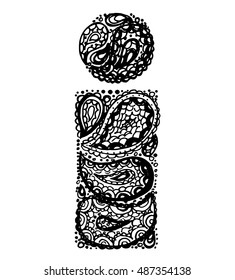 Letter I. Decorative Alphabet with a paisley zen doodle tattoo ornaments filling. Display font and numbers. Hand drawn letters in vintage style. Used for quote lettering.
