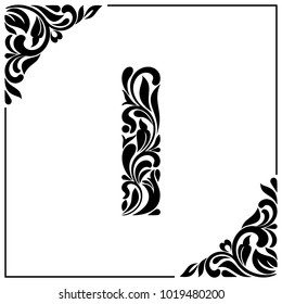 The letter I. Decorative Font with swirls and floral elements. Vintage style