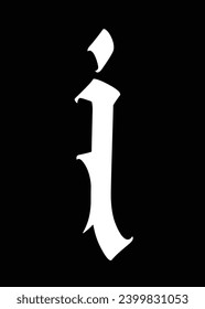Letter i, in the Gothic style. Vector. Alphabet. The symbol is isolated on a black background. Calligraphy and lettering. Medieval Latin letter. Logo for the company. Monogram. Elegant font for tattoo