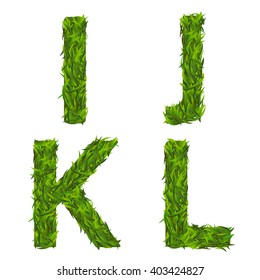 letter I, J, K, L, green grass vector font set