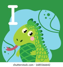 Letter I. Learning English alphabet with colorful animals. Vector cartoon iguana.