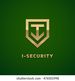 Letter "I" monogram and shield sign combination. Line art logo design. Symbolizes reliability, safety, power, security. Eps10 vector logotype.