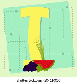 Letter "i" from stylized alphabet with fruits and vegetables: grape, watermelon, chive