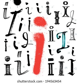 Letter I. Vector alphabet. Hand drawn letters. Letters written with a brush. Spots and blotches.
