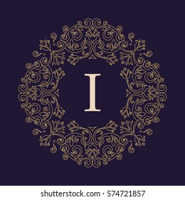 Letter I. Vector decorative line art frame for design template. Luxury round floral ornament. Elegant decor for wedding invitations, greeting cards, certificate, thank you message. Logo template.