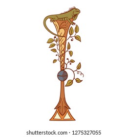 Letter I. Vector letter engraving style with flower and animal. Colorful hand drawn vintage illustration