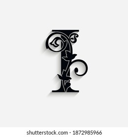 letter I. Vintage black flower ornament initial letters.  Alphabet. Logo vector 
