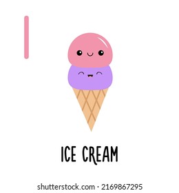 Letter I Ice Cream. Animal and food alphabet for kids. Cute cartoon kawaii English abc. Funny Zoo Fruit Vegetable learning. Education cards. Isolated. Flat design. White background Vector illustration