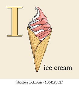 Letter I with ice cream. Illustrated English alphabet with sweets.