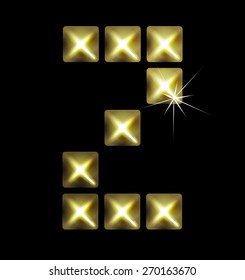 Letter icon, gold pixel font with metal stud. Abstract creative font.