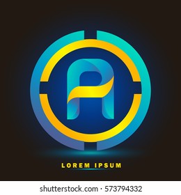 Letter A icon and logo for business name. elegant typographic. twisted, with blue and yellow rings