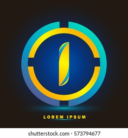 Letter I icon and logo for business name. elegant typographic. twisted, with blue and yellow rings