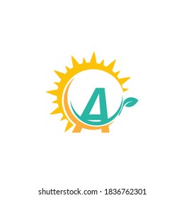 Letter A icon logo with leaf combined with sunshine design concept