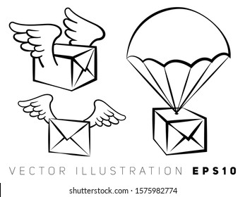 letter icon, package with wings, parachute