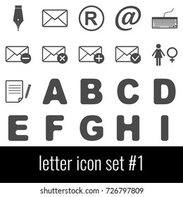 Letter. Icon set 1. Gray icons on white background.