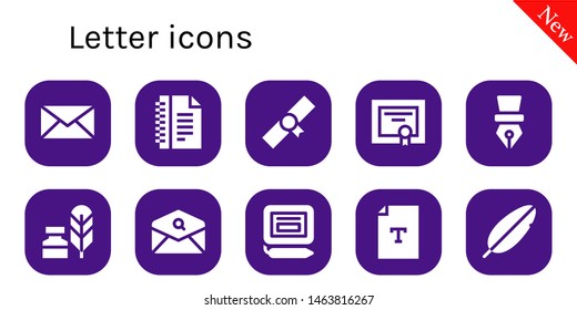 letter icon set. 10 filled letter icons.  Collection Of - Mail, Notes, Diploma, Pen, Writing tool, Email, Signature, Text, Feather