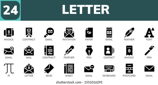 letter icon set. 24 filled letter icons.  Simple modern icons about  - Invoice, Contract, Email, Invitation, Paper, Feather, Font, Mail, Pen, Contact, Pi, Letter, Send, Sheet