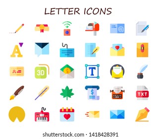letter icon set. 30 flat letter icons.  Collection Of - writer, diploma, wireless internet, mailed, email, font, private message, keyboard, mail, d, text, inkwell, pen, feather pen