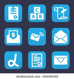 Letter icon. set of 9 filled letter icons such as abc cube, feather and paper, paper, envelope, signed document, mail, envelope with dollar bill, alpha