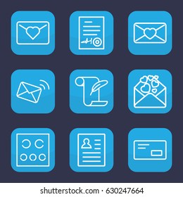 Letter icon. set of 9 outline letter icons such as feather and paper, love letter, eye test, signed document, envelop, mail