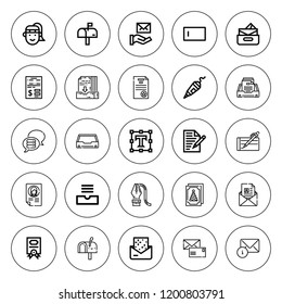Letter icon set. collection of 25 outline letter icons with athlete, birthday invitation, contract, curriculum, curvature, email, invitation, mail icons. editable icons.
