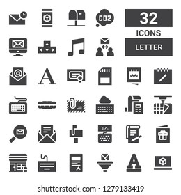 letter icon set. Collection of 32 filled letter icons included d printing software, Font, Email, Contract, Keyboard, Post office, Postcard, Notes, Mailbox, d, Bill, Envelope, Brackets