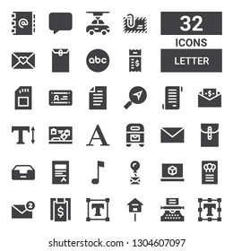 letter icon set. Collection of 32 filled letter icons included Text editor, Typewriter, Mailbox, Text, Bill, Email, Invitation, d printing software, Mail, Note, Contract, Inbox