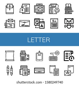letter icon set. Collection of Bill, Post office, Love letter, Email, Q a, Contract, Book shop, Paper scroll, Feathers, Fountain pen, Keyboard, Invoice, Receipt icons