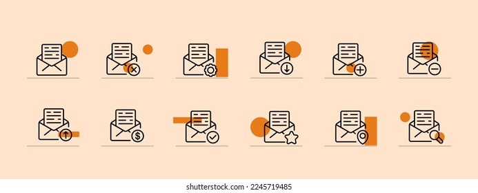Conjunto de iconos de la carta. Sobre, correo, sello, correo electrónico, buzón, sms, mensaje, lista negra. Concepto de comunicación. Fondo de color Pastel. Icono de línea de vector para empresas