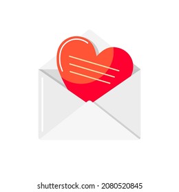 Letter icon for Valentine day, wedding and romantic dating. Open white envelope with a heart-shaped postcard inside. Vector cartoon love symbol isolated on background