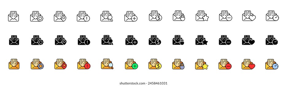 Colección de iconos de letras. Iconos de sobre. Lineal, silueta y estilo plano. Iconos vectoriales