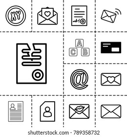Letter icons. set of 13 editable outline letter icons such as envelop, paper, resume, xy, love letter, at mail, mail, signed document