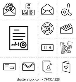 Letter icons. set of 13 editable outline letter icons such as abc cube, mail, alpha, xy, tir, envelope, signed document, envelop, resume