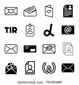 Letter icons. set of 16 editable filled and outline letter icons such as alpha, email, envelop, mail, clipboard, resume, omega