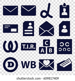 Letter icons set. set of 16 letter filled icons such as ABC cube, resume, TIR, envelope, eye test, clipboard, WB, envelop, mail, alpha