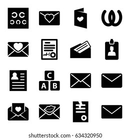 Letter icons set. set of 16 letter filled icons such as abc cube, paper, eye test, clipboard, signed document, mail, omega