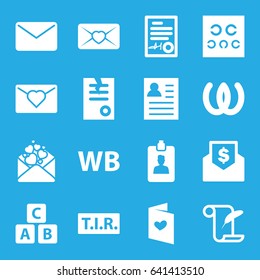 Letter icons set. set of 16 letter filled icons such as abc cube, feather and paper, paper, tir, love letter, eye test, clipboard, signed document, wb, mail