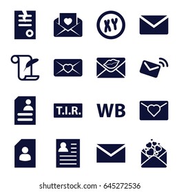 Letter icons set. set of 16 letter filled icons such as mail, feather and paper, paper, resume, tir, love letter, wb