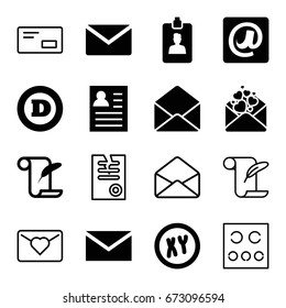 Letter icons set. set of 16 letter filled and outline icons such as mail, feather and paper, envelope, clipboard, at email, xy, paper, eye test, envelop