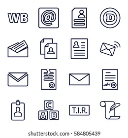 letter icons set. Set of 16 letter outline icons such as ABC cube, mail, resume, feather and paper, paper, TIR, clipboard, at email, signed document